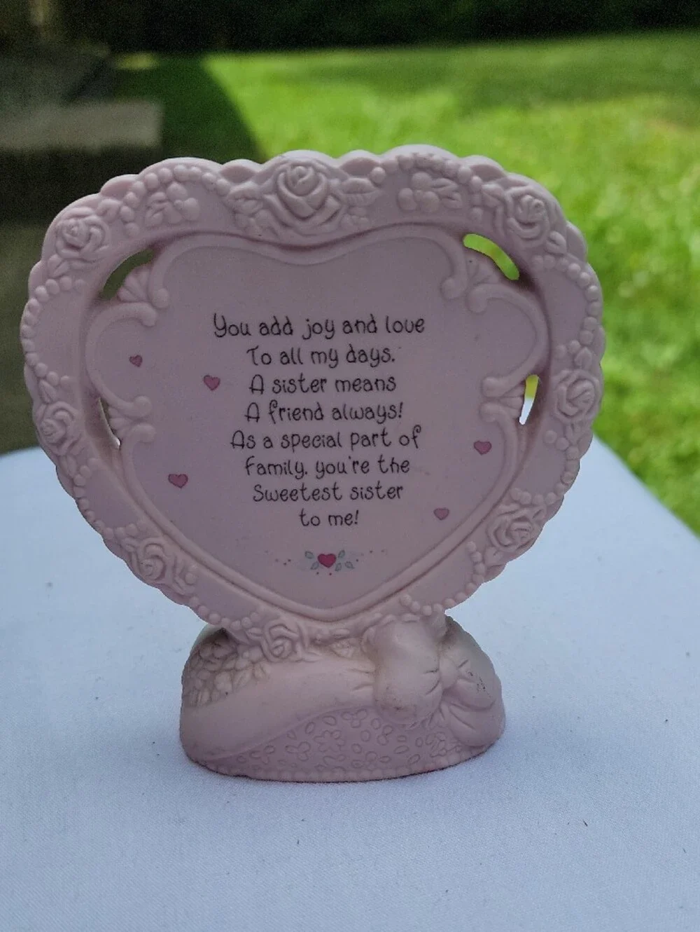 Enesco Pink and White Heart Figurine Base Marked Precious Moments Vintage